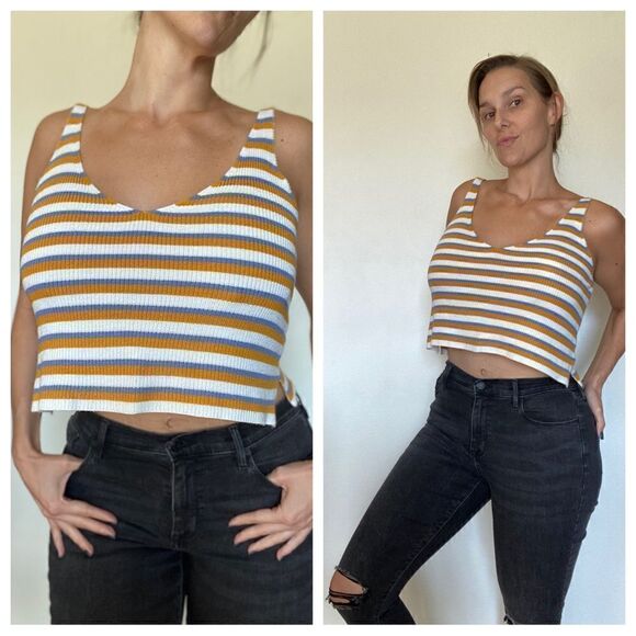 Forever 21 Crop Top V Neck Ribbed Stripe Mustard Periwinkle - Picture 1 of 11